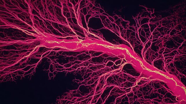 Intricate network of glowing magenta biological vessels spreads across a dark background.
