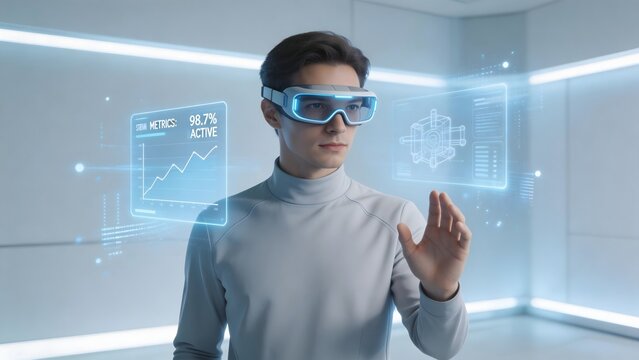 Man in futuristic room with virtual interface