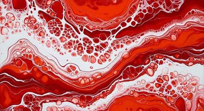 Abstract fluid art painting in vibrant red and white swirling patterns, resembling organic cells or natural formations