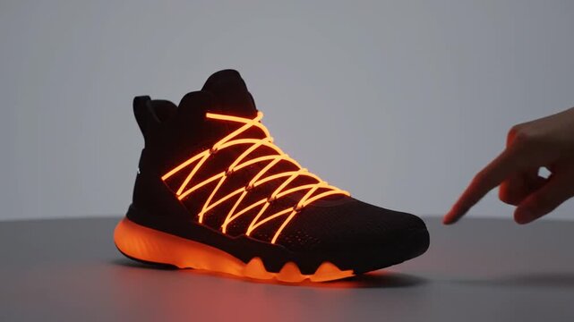 A hand interacts with a sleek black sneaker featuring vibrant, glowing orange laces and soles, highlighting its futuristic and high-tech design in a minimalist studio setting.