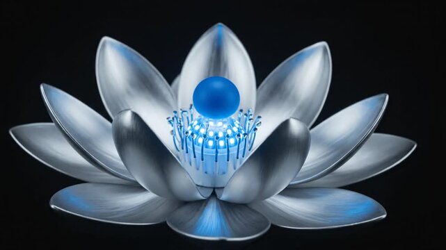 A futuristic silver lotus flower gracefully blooms against a black background, revealing a radiant blue core with a glowing sphere and delicate stamens at its center.