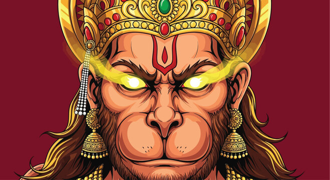 Hanuman Indian God Face Closeup Portrait.