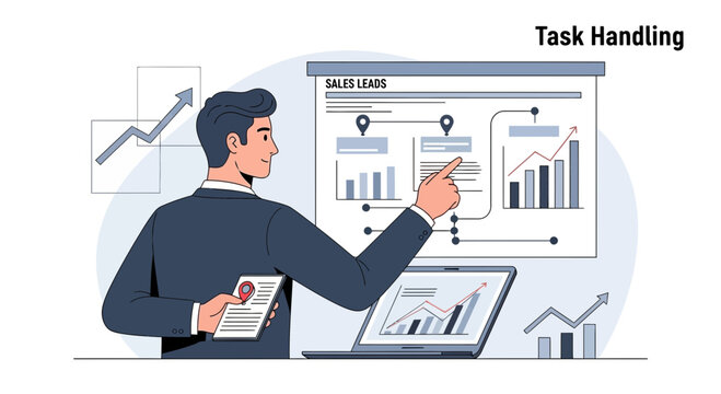 Man in suit points to sales leads graph on presentation board, laptop