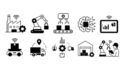 Fototapeta premium Smart Industry Icon Set – Industrial Automation, Manufacturing and Logistics Symbols