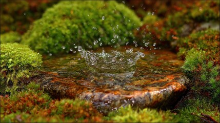 Fototapeta premium Water droplets create a crown splash on a wet stone surrounded by vibrant green moss.