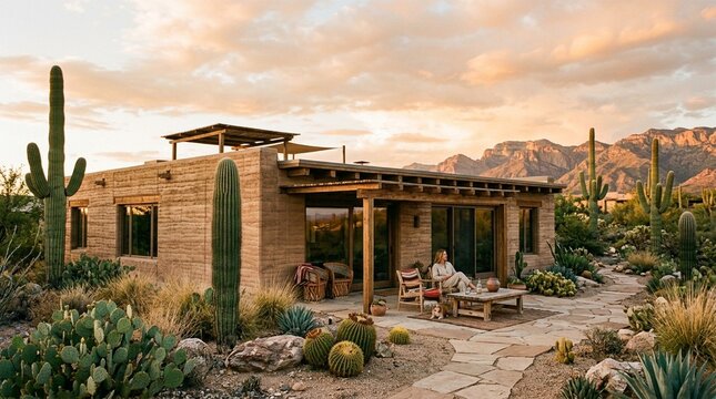 Desert House Exterior with Rammed Earth Wall and Low-Lying Form &mdash; Sustainable Architecture Stock Photo