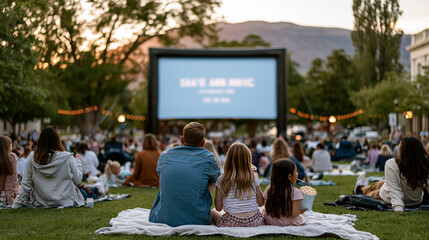 Fototapeta premium Twilight outdoor cinema event with families on blankets facing inflatable screen in municipal park, warm dusk sky behind, children eating popcorn, adults reclined, summer evening community gathering