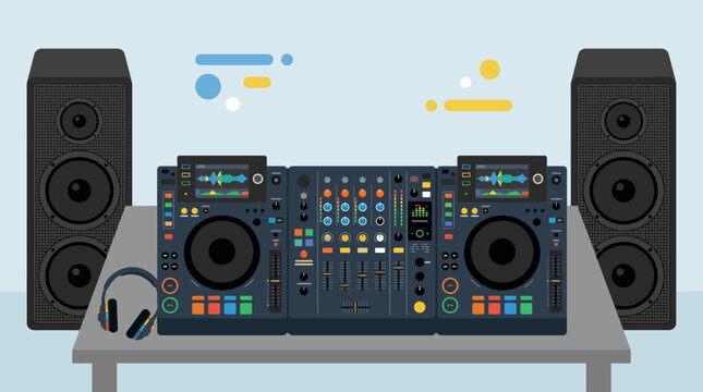 Professional dj music mixer console and audio speakers