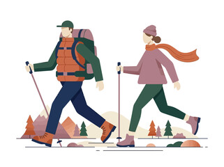 Fototapeta premium Hiking Couple Illustration - Man and Woman Trekking in Mountains with Hiking Poles and Backpack, Flat Design Vector Concept