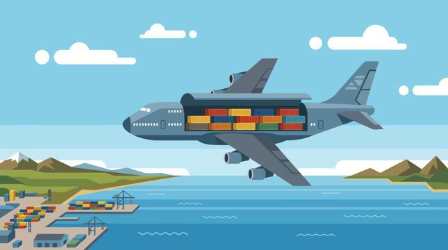 Large cargo aircraft transporting shipping containers over a port
