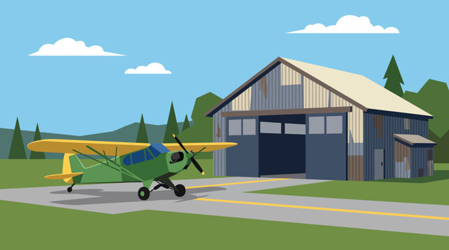 Small green propeller plane parked near an airfield hangar