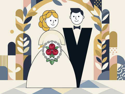 Minimalist Geometric Illustration of a Wedding Couple, Bride and Groom in Modern Abstract Style for Marriage Celebration and Invitation Design