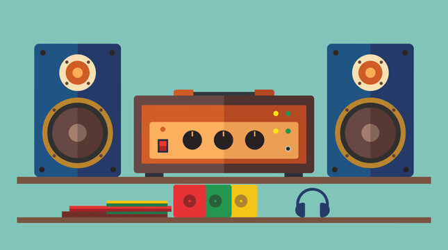 Retro audio system with speakers and amplifier on a shelf
