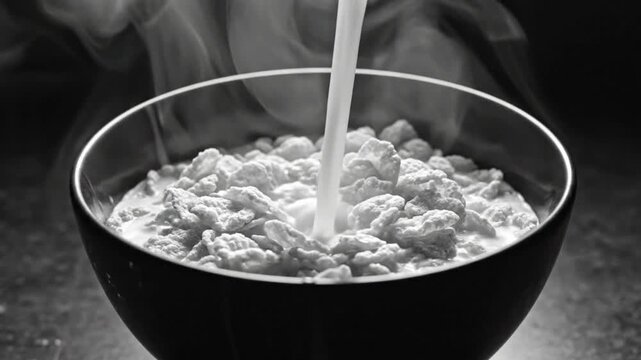 Black and white close up of pouring milk into a bowl of cereal, a delicious breakfast scene