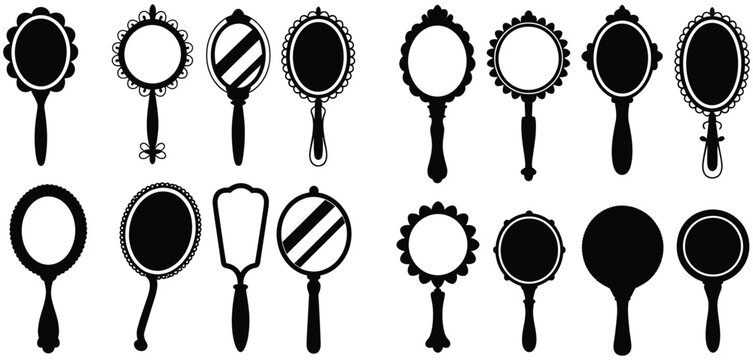 Vintage Hand Mirror silhouette collection Featuring Ornate Decorative Frames in Various Styles, vector illustration for fashion, salon and luxury themes.