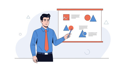 Obraz premium Man presenting business graphics on whiteboard with pointer stick, illustration