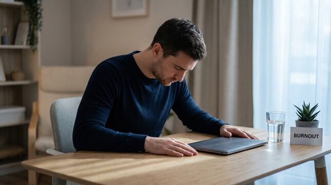 Man closing laptop at desk with glass of water and burnout box nearby in home office