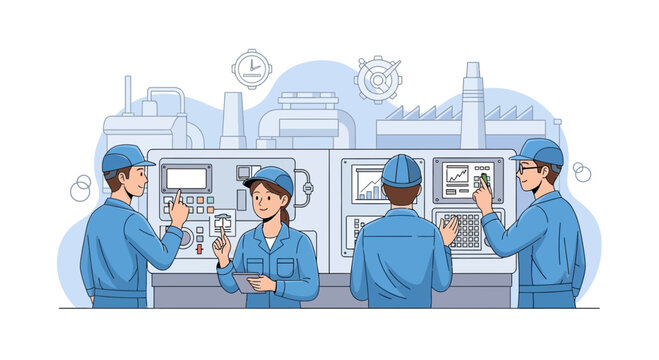 Industrial workers operating machinery in a factory control room.