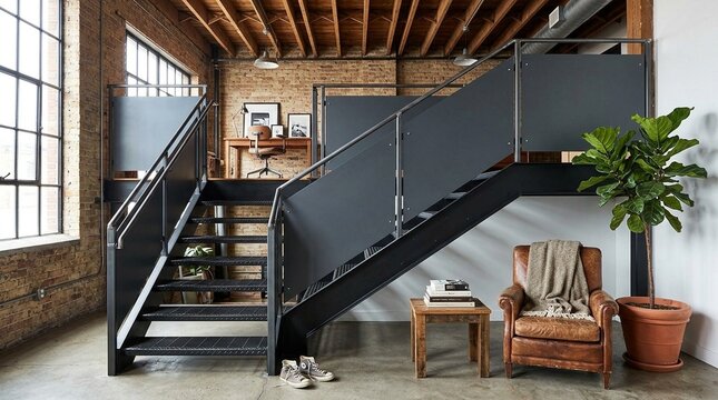 Industrial Steel Open-Tread Staircase in Loft Conversion &mdash; Architectural Interior Stock Photo