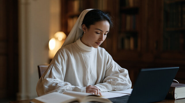 Novice sister sits at a seminary desk in the convent library marking student essays on theology, a bookmarked volume on contemporary religious vocation open beside her laptop, her expression focused