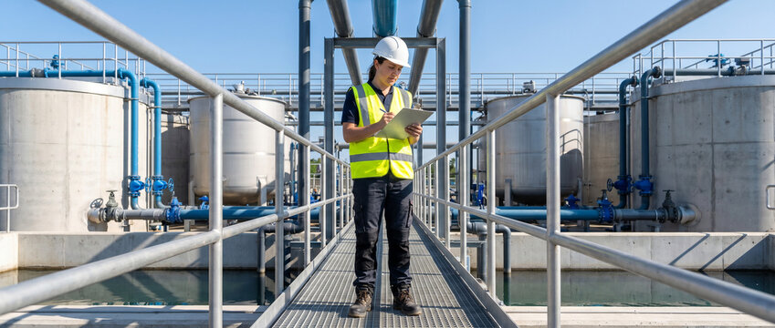 Environmental engineer inspecting water treatment infrastructure