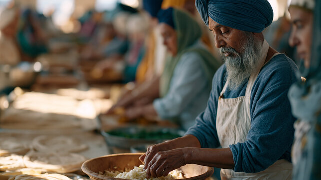 Multigenerational Sikh family fills a gurdwara langar hall for communal meal preparation, men and women of all ages chopping vegetables, rolling dough, and serving hot dishes at long rows of seated 