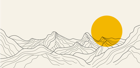 Vector landscape wallpaper design mountain outline with golden sun arts, luxury background  for cover,  background, packaging design, web. Minimalist mountain landscape line art illustration  © Saif Ullah