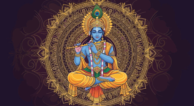 Lord Krishna playing flute in a meditative pose.