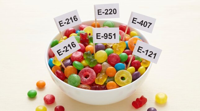Colorful candies with E number labels in bowl, concept of artificial additives and food safety, unhealthy diet and sugar consumption, harmful ingredients warning
