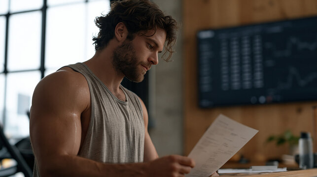 Lone male endurance athlete in an urban gym reviews hydration electrolyte data on a wall-mounted monitor after a timed interval session, sweat ll visible on skin, sports science research notes sprea