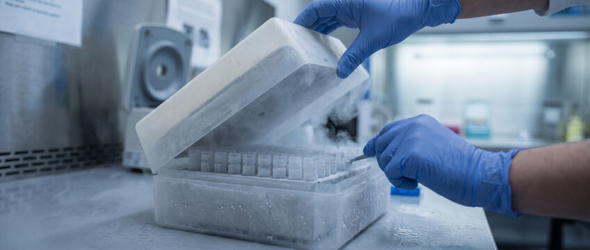 Gloved hands accessing frozen sample vials in a laboratory cryobox