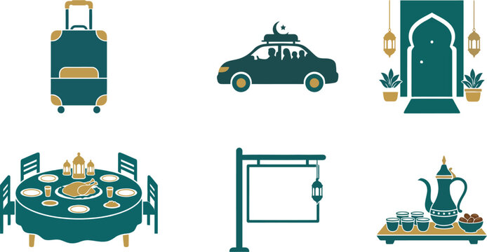 Islamic Eid Mubarak Celebration Icons Featuring Travel Suitcase Family Car Home Entrance and Dining Table