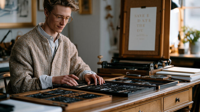 Letterpress studio owner hand-setting type blocks to produce embossed save the date announcements, proof copy pinned to a corkboard, trays of individual letter blocks covering the surface of a heavy