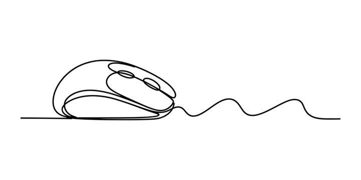 Continuous single line drawing of a computer mouse with a cable for office technology and digital work concept
