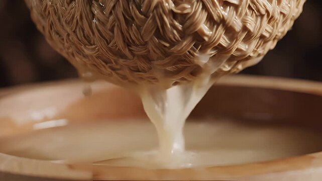 Closeup of a traditional woven sieve extracting liquid from a food item.