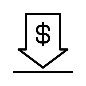 Minimalist vector icon illustration of a downward arrow with a dollar sign inside, representing price drop, cost reduction, financial decrease, or economic deflation.