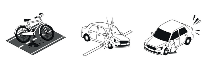 Fototapeta premium Bicycle parked and crashed cars illustrating vehicle damage