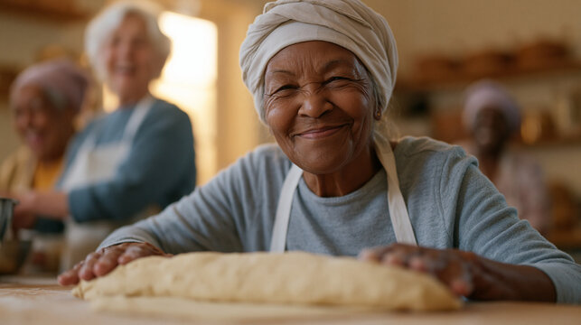 Group of elderly parish women prepares foin a church kitchen for a weekly community meal program, rolling dough and rring pots while laughing together, the scene representing the invisible labor tha