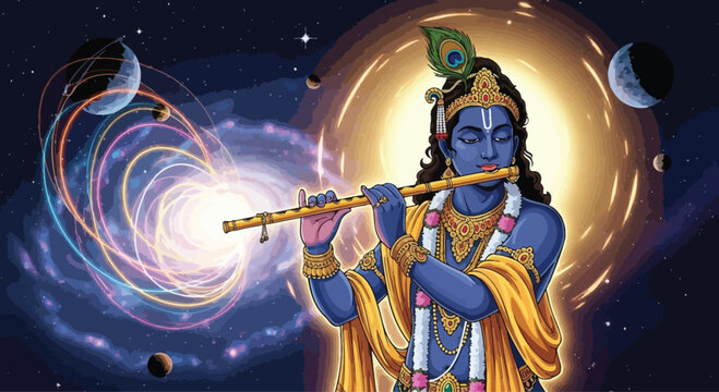Lord Krishna playing flute with serene expression.