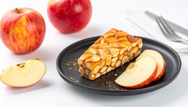 Honey almond turr&oacute;n dessert plated elegantly, modern Spanish fine dining aesthetic