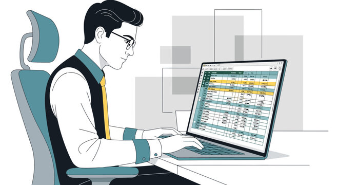 Man working on laptop with spreadsheet, business concept illustration