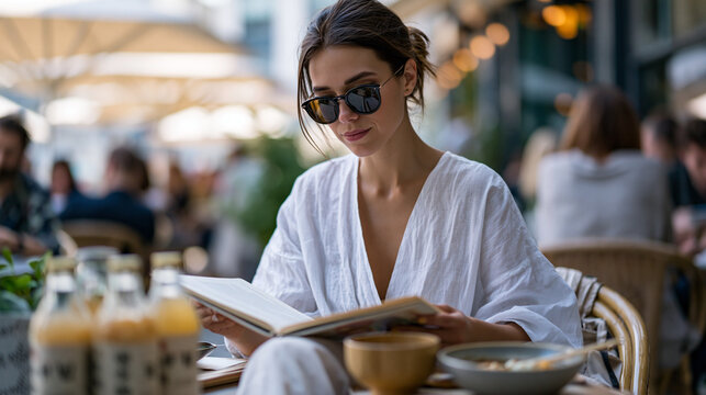 Crowded urban wellness cafe at midday where a solo female professional sits surrounded by kombucha bottles and miso soup studying fermented fointake guides on a tablet, ambient noise and natural lig