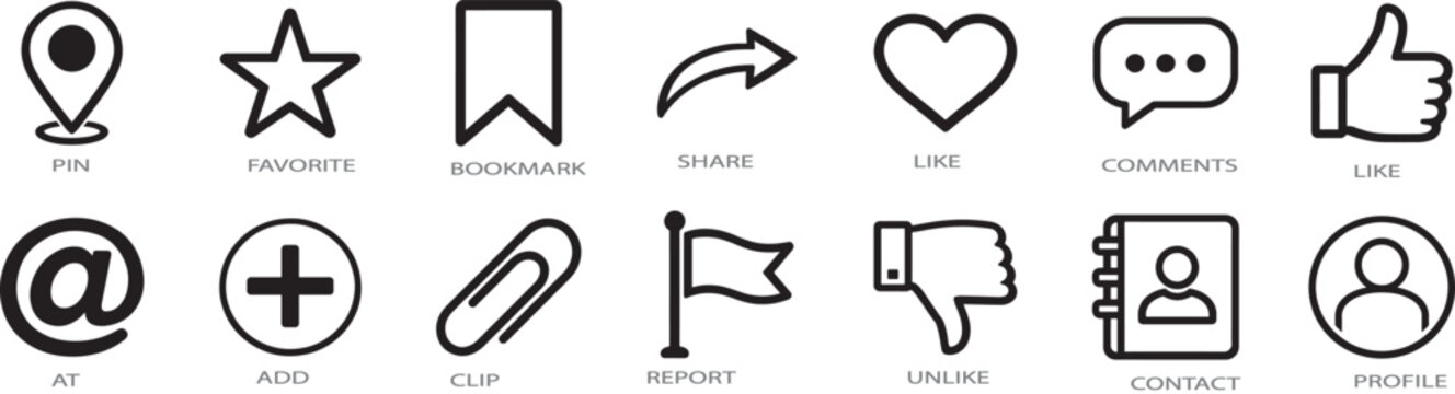 Social media interface line icon set for like, comment, share, message and save actions.