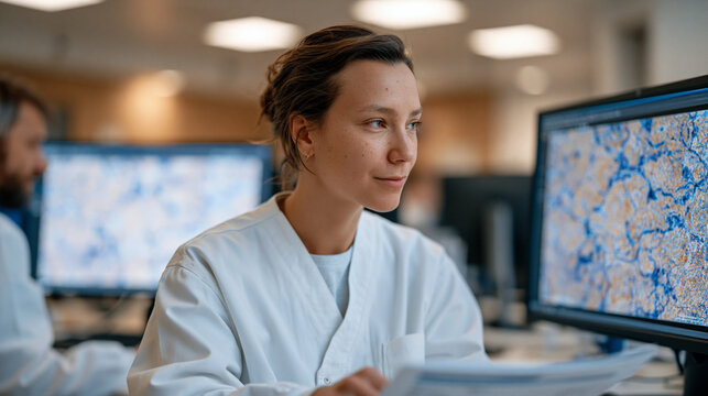 Biomedical data labeler annotates histopathology slide regions on a calibrated medical display inside a hospital informatics room, cross-referencing oncologist-supplied boundary criteria on a printe