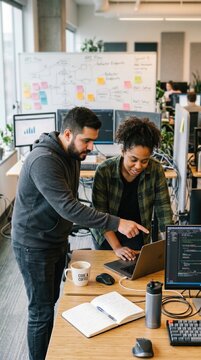 Software developers reviewing code together in modern office with laptop and API flow board. Concept of pair programming, product teamwork, sprint planning and startup workflow.