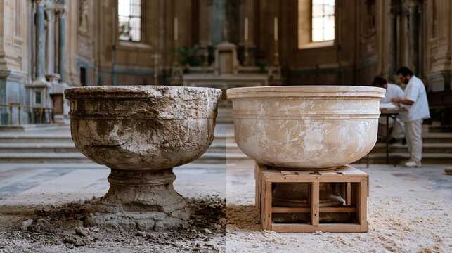 Before and after concept image showing a deteriorated stone baptismal font beside its restored counterpart, professional conservators in the background examining arcal documentation in the apse of a