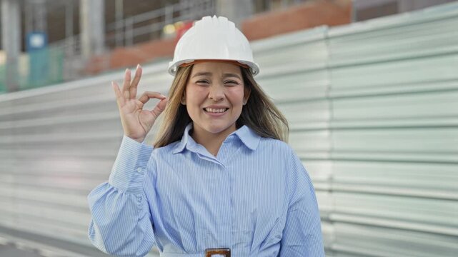Woman in white hardhat makes ok sign at building site with corrugated metal hoarding and scaffolding, smiling; confidence progress.