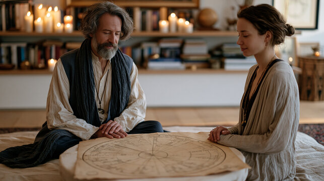 Astrologer and client sit knee to knee in a modest home consultation room, a hand-drawn natal chart spread across a low table between them, candles and reference books arranged on nearby shelves as 