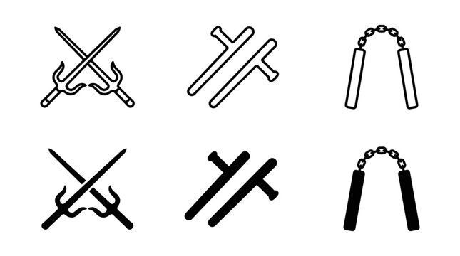 Collection of martial arts weapon icons including sai tonfa nunchucks presented in both outline and silhouette