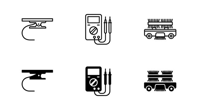 Collection of electronic and cleaning tool icons a clamp multimeter a floor buffer in outline and filled